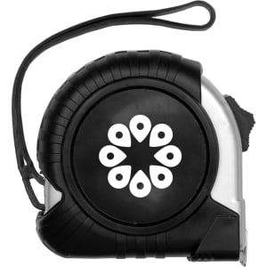 A black and silver Pro Locking Tape Measure with a circular design on the front and a strap attached.