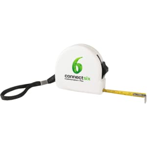 A white 3m locking tape measure with a yellow measuring tape and a black wrist strap, featuring a logo.