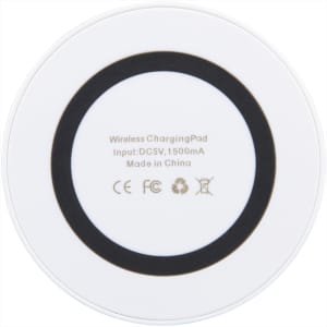 A wireless charging pad in white with a solid black circular base, featuring a logo.