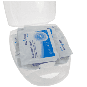 A white portable first aid kit with packets of cleansing wipes inside. It has a simple design and a branded logo.