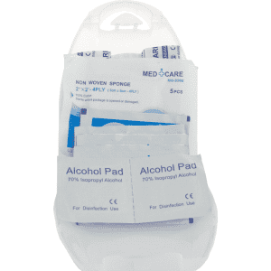 A portable first aid kit in a clear plastic case featuring various medical supplies like alcohol pads and non-woven sponges.
