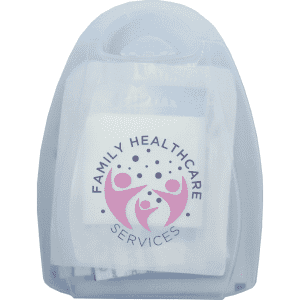 A portable first aid kit in a transparent case, featuring assorted medical supplies and a logo on the front.