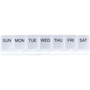A white weekly pill organiser with compartments labelled for each day of the week. It features a simple branding logo.