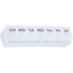 A weekly pill organiser in transparent plastic with sections for each day, labelled from Sunday to Saturday.