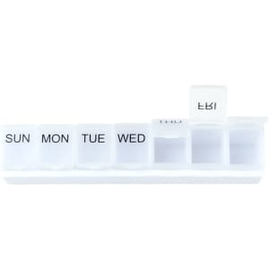 A weekly pill organiser in clear plastic with compartments labelled for each day of the week.
