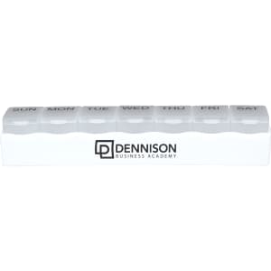 A white weekly pill organiser with compartments labelled for each day of the week. It features a logo.