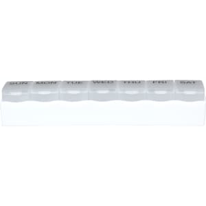 A white weekly pill organiser with compartments labelled for each day of the week. It has a simple design and a branding logo.