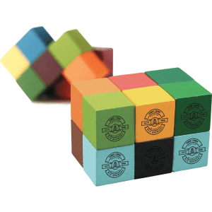 A set of colourful wooden blocks stacked together, featuring a logo on some of the blocks.