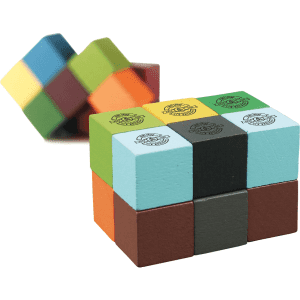A colourful block puzzle made of various coloured pieces arranged in a compact design, featuring a logo.
