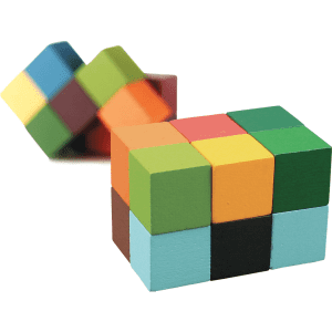 A colourful wooden block puzzle featuring various shades of blue, green, yellow, and orange, with a logo visible.