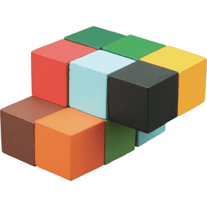 A collection of wooden blocks in various colours, including red, green, blue, yellow, brown, and black, arranged in a stack.