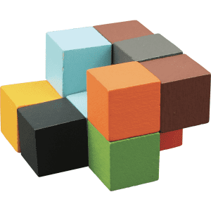 A set of colourful wooden blocks in various shapes and sizes, including blue, orange, green, black, and brown.