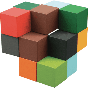 A 3D puzzle made of coloured blocks in red, green, brown, blue, orange, and black, arranged in a cube formation.
