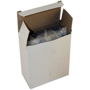 A white cardboard box partially open, revealing its contents wrapped in plastic. The box is empty and unlabelled.