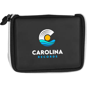 A black first aid kit with a zippered closure and a logo featuring waves and a sun on the front.