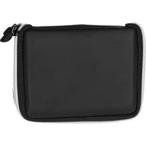 A black first aid kit with a zippered closure, made from durable material. It features a sleek, compact design.