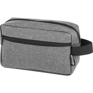 A grey toiletry bag with a zip closure and handle, featuring a logo on the side.