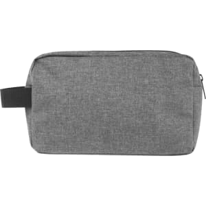 A grey toiletry bag with a zip closure and a handle, designed for travel and organisation. Features a subtle branding logo.