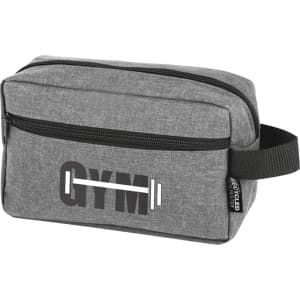 A grey toiletry bag with a zippered compartment, featuring a branding logo and a gym-themed design.