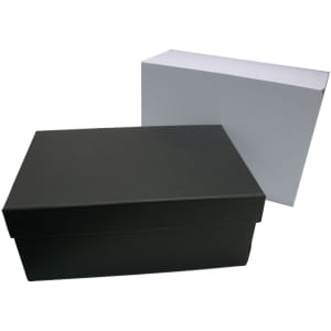 Two rectangular gift boxes are displayed, one in black and the other in white, both with a simple design.