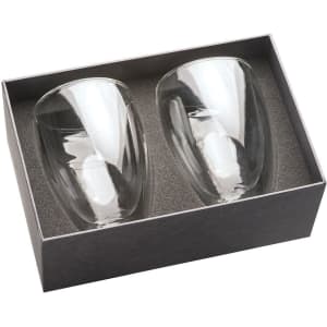 A glass coffee and tea set featuring two clear glasses, presented in a sleek black box with foam insert.