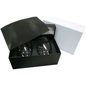 A glass coffee and tea set in a black box, featuring two transparent glasses. Includes a white outer box.