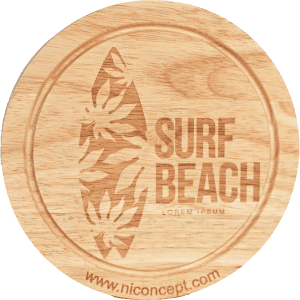 A round wooden cheese board featuring a surfboard design and engraved text, showcasing natural wood tones.