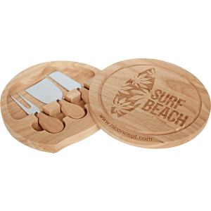 A wooden cheese board set featuring a circular design with a logo and four metal cheese knives.