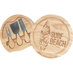 A wooden cheese board with three knives, featuring a Surf Beach logo and a natural finish.