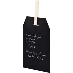 A blackboard tag with a rustic design, featuring a hanging string and handwritten notes in white chalk.