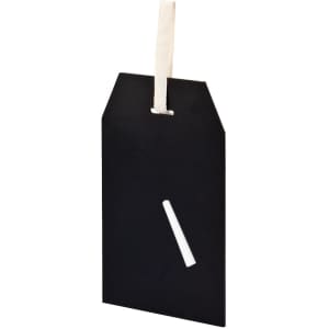 A black rectangular blackboard with a hanging strap and a white chalk piece included.
