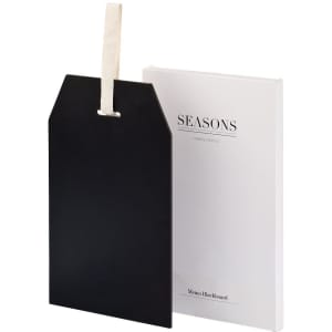 A blackboard memo board with a natural fabric hanging strap, packaged in a white box with a logo.