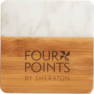 A marble and bamboo coaster featuring a light marble top and a bamboo base, with a logo on the surface.
