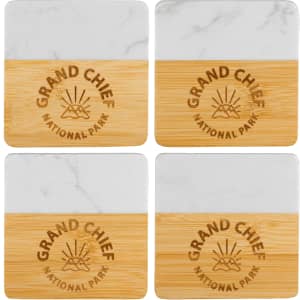 A set of four square coasters featuring a marble top and bamboo bottom, each with a branded logo.