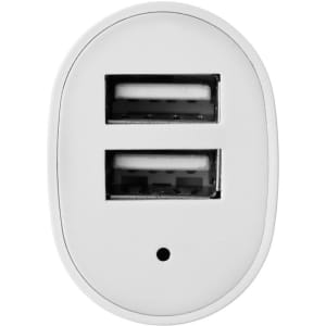 A dual car charger in white featuring two USB ports and a small indicator light. It has a simple, oval design.