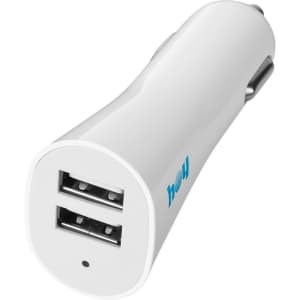 A white dual car charger featuring two USB ports and a small branding logo.