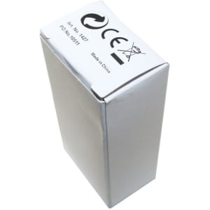 A silver box with a logo, containing a dual car charger for smartphones and technology accessories.