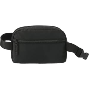 A black recycled sport bum bag with a zippered compartment and an adjustable strap. It features a logo.