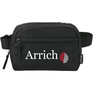 A black recycled sport bum bag featuring a zippered compartment and an adjustable strap, with a logo on the front.
