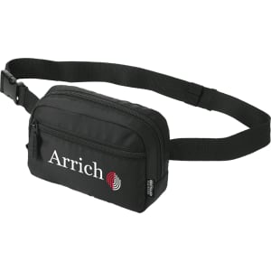 A black recycled sport bum bag featuring a zippered compartment and adjustable strap, with a logo.
