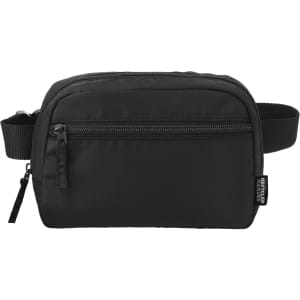 A black recycled sport bum bag with a front zip pocket and an adjustable strap; features branding.