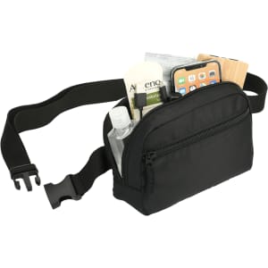 A black recycled sport bum bag with various items, including a drink bottle and a phone, visible inside.