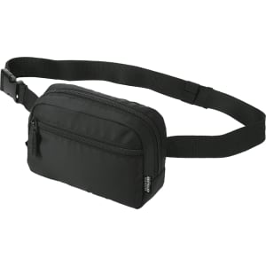 A black recycled sport bum bag with two zippered compartments and an adjustable strap. It features a logo.