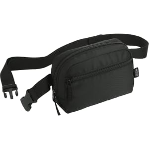A black recycled sport bum bag with a zipper pocket and an adjustable strap, featuring a logo.