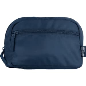 A navy blue recycled sport bum bag with a zippered compartment and a brand tag.