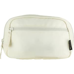 A white recycled sport bum bag with a zippered compartment and a logo tag on the side.