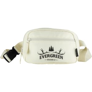 A cream bum bag featuring a front zipper pocket and a logo design with trees and antlers.