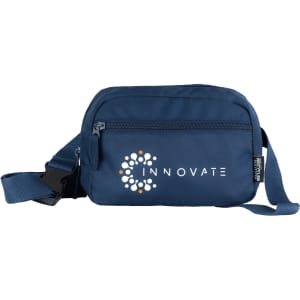 A navy blue recycled sport bum bag with a zippered compartment and an adjustable strap, featuring a logo.