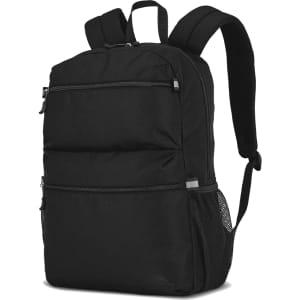 A black backpack with multiple compartments, featuring adjustable straps and a side mesh pocket. It has a logo on it.