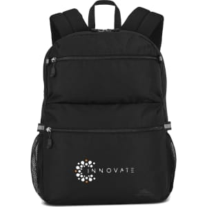 A black backpack with multiple compartments and side mesh pockets, featuring a logo on the front.